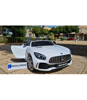 Coche niños Mercedes GTR 12V, 2 plazas, blanco, RC, asiento cuero, ruedas goma -   INDA181-HL289WT